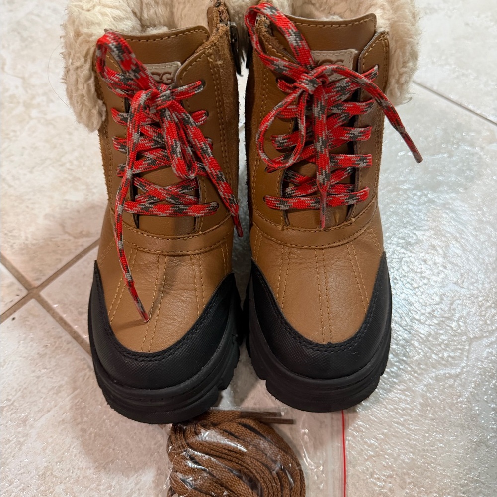 UGG kids Tan and Black Snow Boots with Red Laces